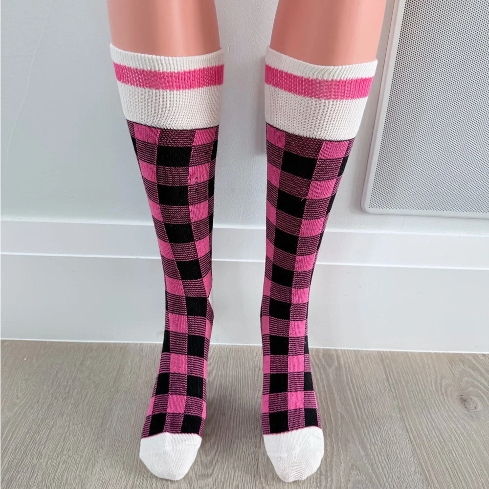 New Wool Pink and Black Checkered Knee-High Socks